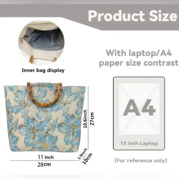 NWOT Floral Blue and Cream Tote Bag with Bamboo Handles - Picture 3 of 6